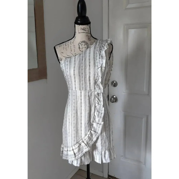 Linen Blend Sleeveless One Shoulder Mini Dress Ruffle Pinstripe Black & white S - Picture 4 of 14
